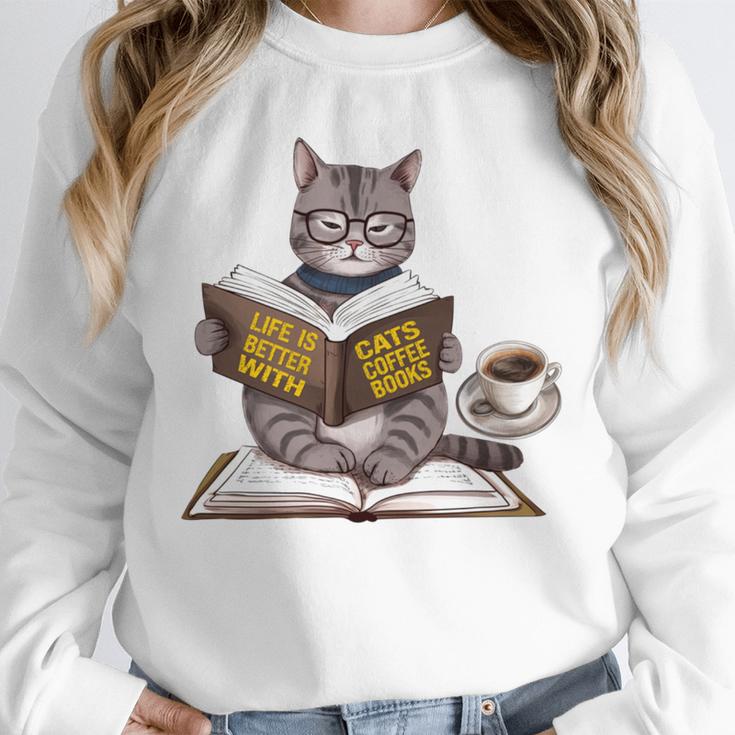 Life Is Better With Cats Coffee Books Cat Reading Book Unisex Sweatshirt