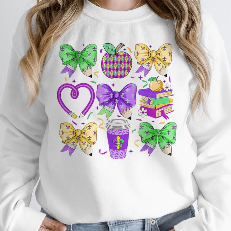 Mardi Gras Teacher Coquette Bow Pencil Apple Book Women Girl Unisex Sweatshirt