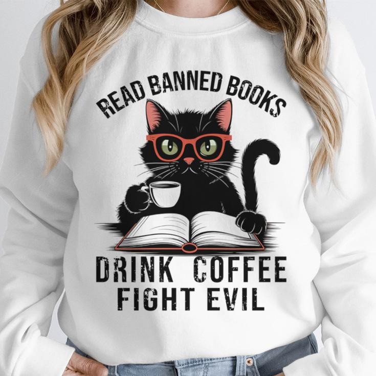 Read Banned Books Drink Coffee Fight Evil Retro Cat Unisex Sweatshirt