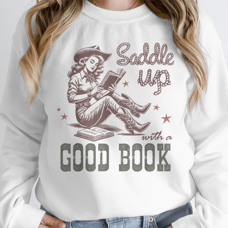 Retro Cowgirl ReadingTee Saddle Up With A Good Book Western Unisex Sweatshirt
