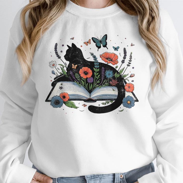 Retro Cute Cat Floral Book Librarian Vintage Floral Cat Book Unisex Sweatshirt