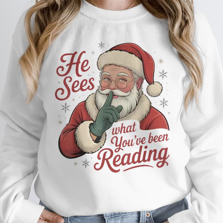 He Sees What You'Ve Been Reading Bookish Christmas Humor Unisex Sweatshirt