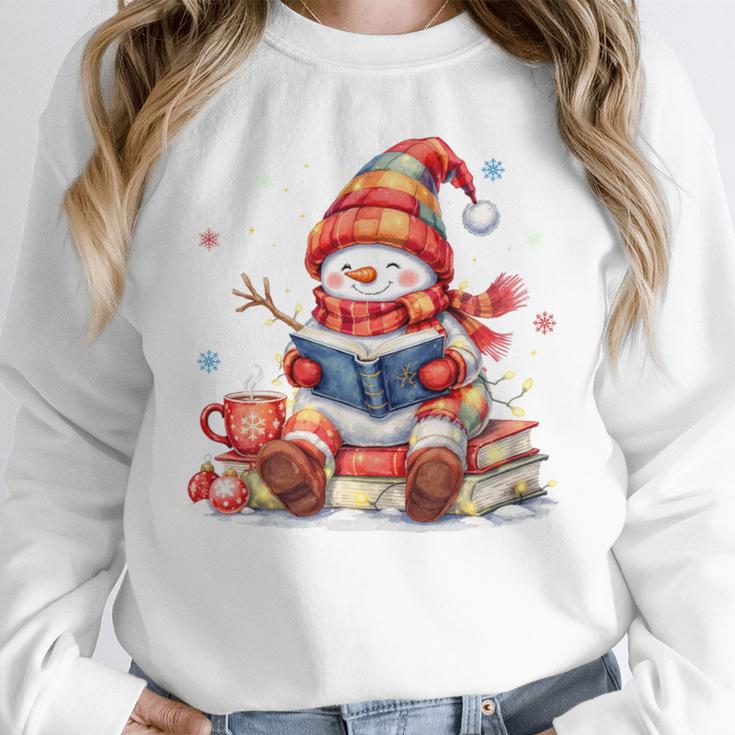 Snowman Reading Books Lovers Christmas Librarian Bookworm Unisex Sweatshirt
