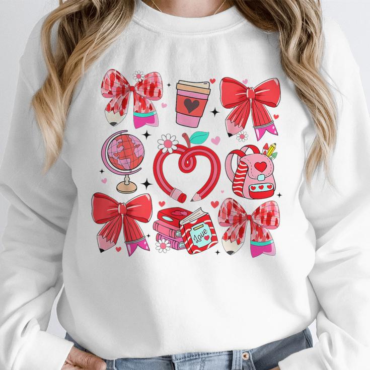 Valentine Teacher Coquette Bow Pencil Heart Book Girl Women Unisex Sweatshirt