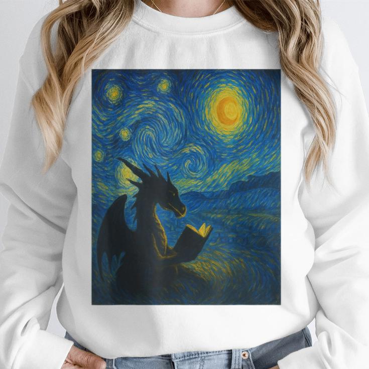 Van Gogh Starry Night Fantasy Reader Dragon Reading Book Unisex Sweatshirt