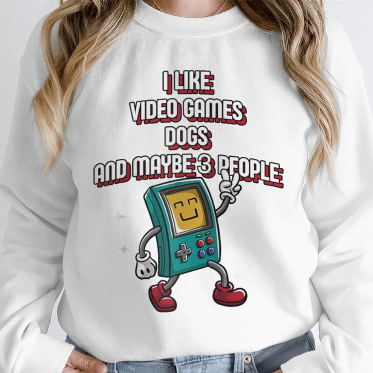 I Like Video Games Dogs And Maybe 3 People Gamer Introvert Raglan Baseball Tee Unisex Sweatshirt
