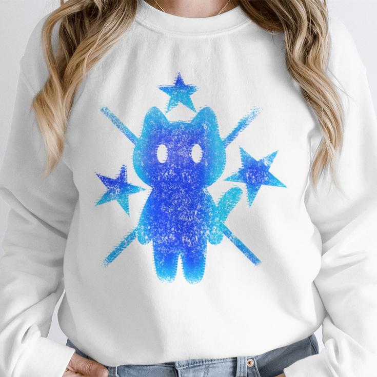 Yk2 Grunge Earthy Blue Cat With Stars Tomboy 90s Nostalgia Unisex Sweatshirt