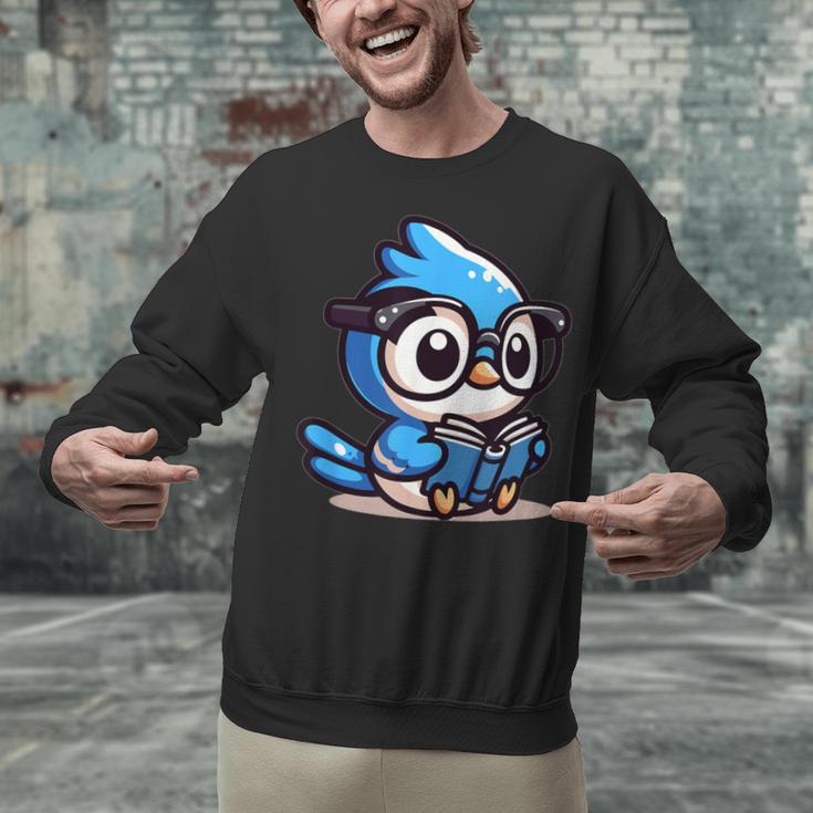 Adorable Book Lover Blue Jay With Reading Glasses Cute Unisex Sweatshirt