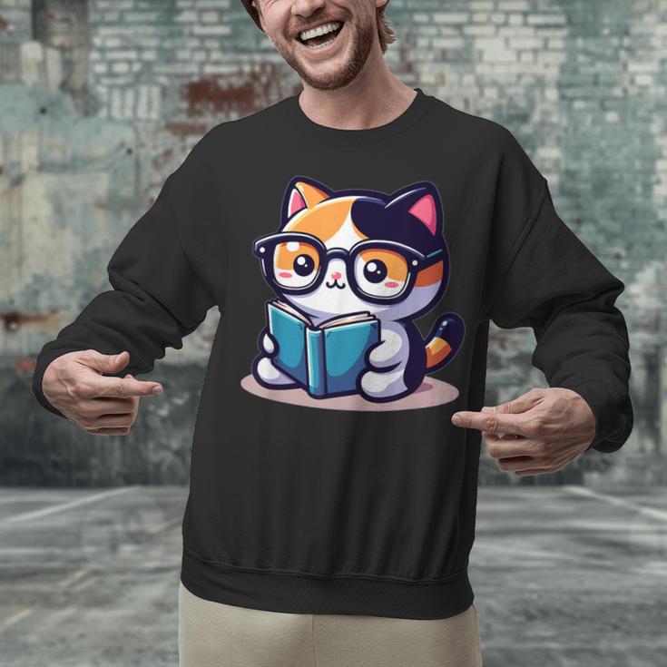 Adorable Book Lover Calico Cat With Reading Glasses Cute For Men Women Kids Unisex Sweatshirt