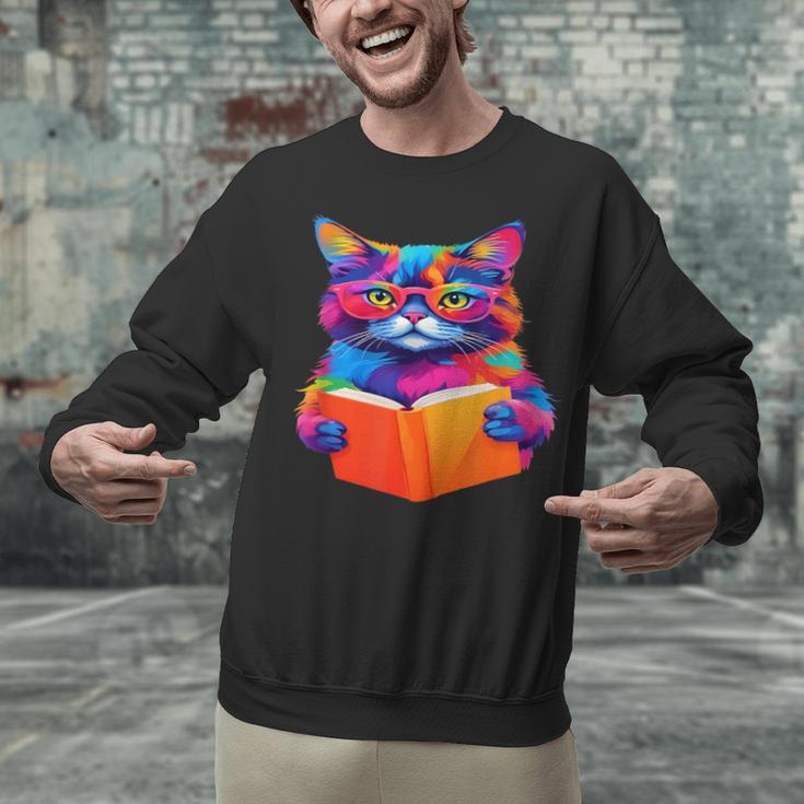 Cat Book Shirt Colorful Cat Reading Book Unisex Sweatshirt