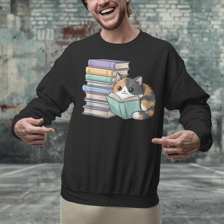 Cat On Books Pets Cats Reading Book Nerd Read Reader Bookcat Unisex Sweatshirt
