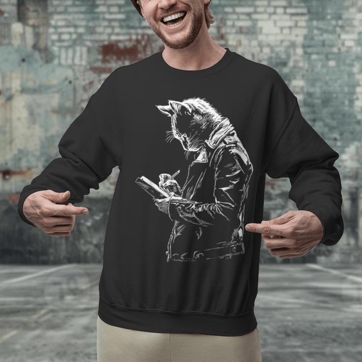 Cat Holds Book Writing Animal Print Motif Drawing Art Cat Unisex Sweatshirt