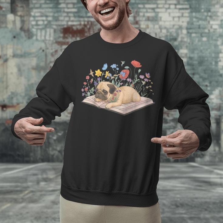 Color Floral Cute Pug Dog On Book Reading Bookworm Reader Unisex Sweatshirt
