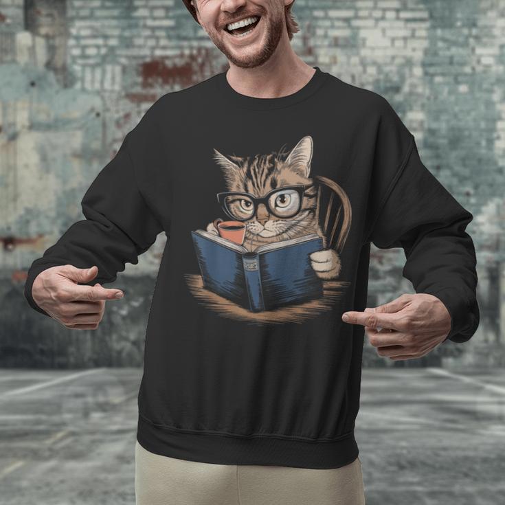 Cute Cat Reading Books With Tea Unisex Sweatshirt