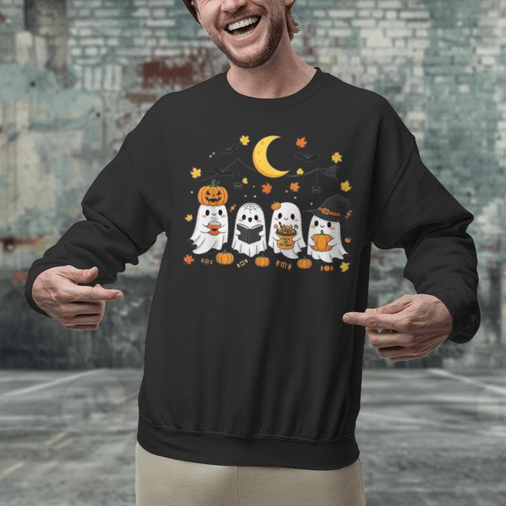 Cute Ghost Drinking Coffee Halloween Fall Ghost Book Reading Unisex Sweatshirt