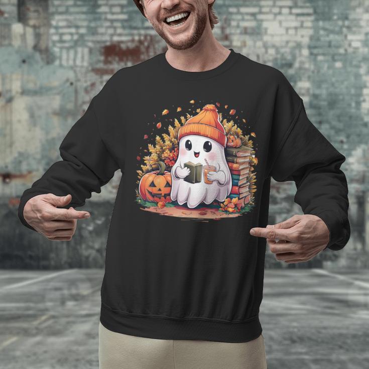 Cute Ghost Drinking Coffee Halloween Reading Book Retro Unisex Sweatshirt Cute Ghost Drinking Coffee Halloween Reading Book Retro Unisex Sweatshirt