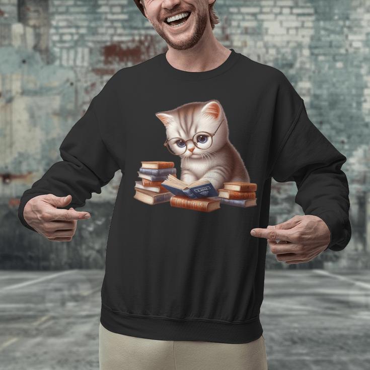 Cute Kitten Bookworm Adorable Cat With Glasses Reading Book Unisex Sweatshirt