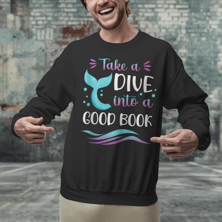 Cute Mermaid Librarian Teacher Dive Into A Good Book Reading Unisex Sweatshirt