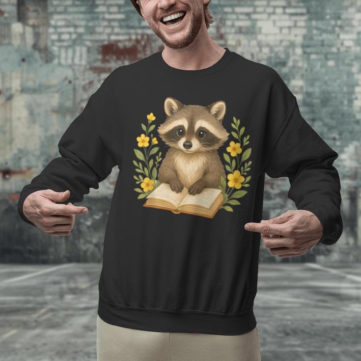 Cute Raccoon Reading Book Flowers Floral Unisex Sweatshirt