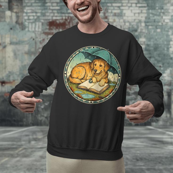 Dog Reading Book Rain Cozy Umbrella Cute Art Men Unisex Sweatshirt