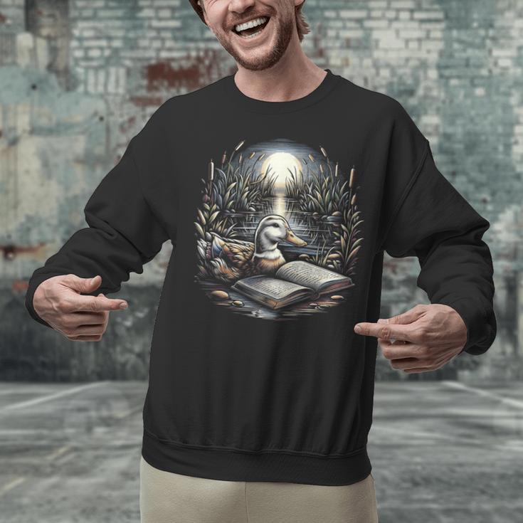 Duck Reading Book Full Moon Lake Scenery Unisex Sweatshirt