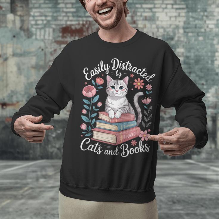 Easily Distracted By Cats And Books Reading Unisex Sweatshirt