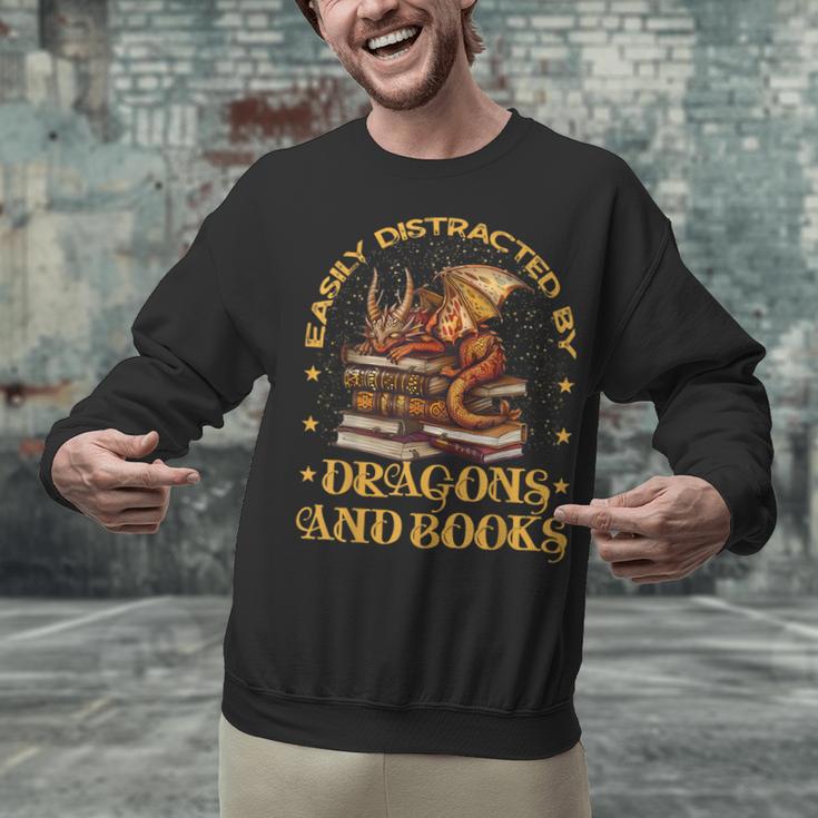 Easily Distracted By Dragons And Books Fantasy Book Lover Unisex Sweatshirt