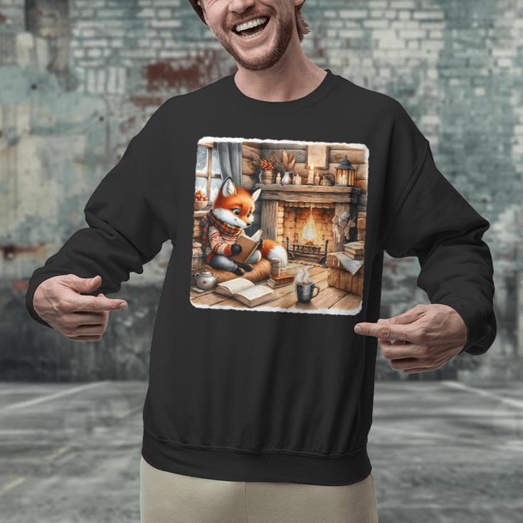 Fox Reads By Fireplace In Cabin Rustic Book Cozy Cup Tea Unisex Sweatshirt