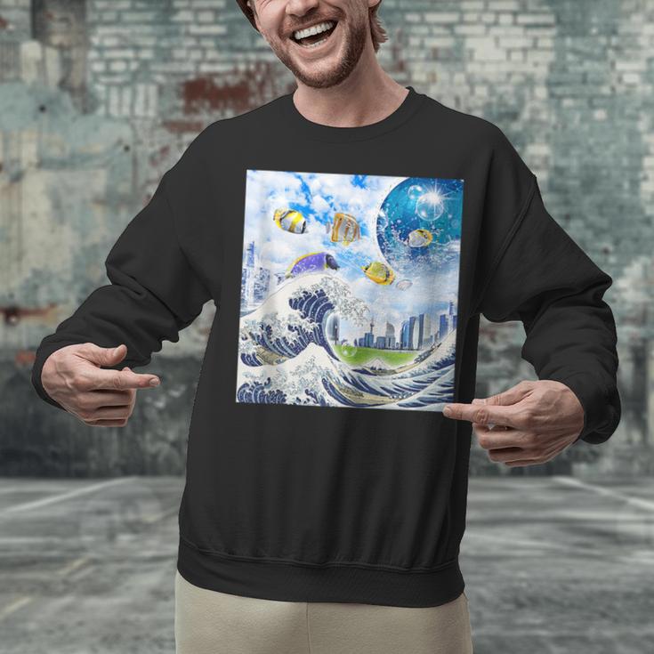 Frutiger Aero Aesthetic Tech Great Wave Of Kanagawa Fishes Unisex Sweatshirt
