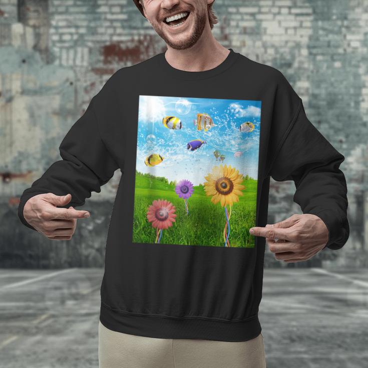 Frutiger Aero Aesthetic Tech Scenery Fishes Sunflower Unisex Sweatshirt