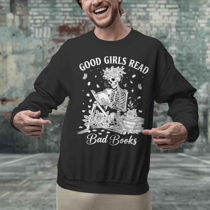 Good Girls Read Bad Books Skeleton Reading Book Halloween Unisex Sweatshirt