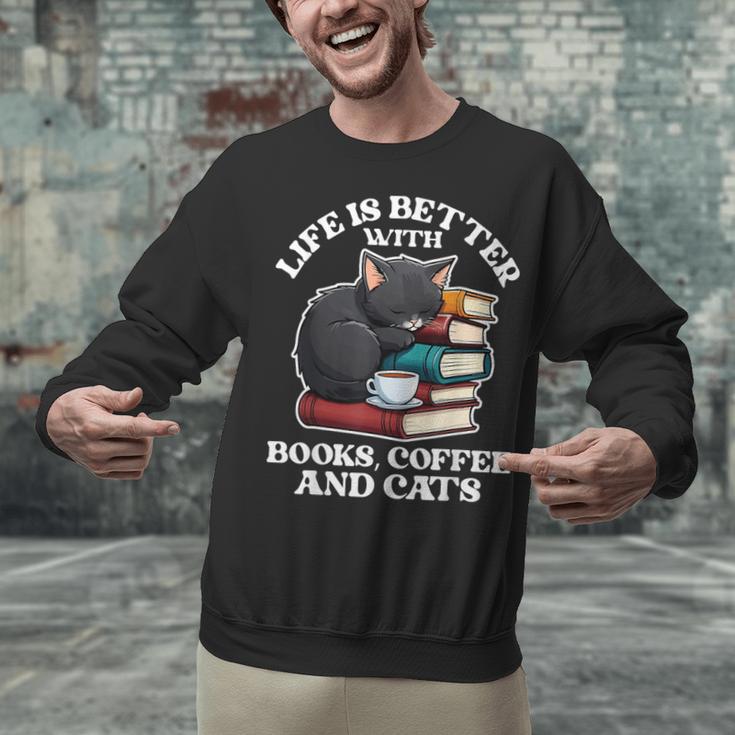 Life Is Better With Books Cats & Coffee Librarian Book Lover Unisex Sweatshirt