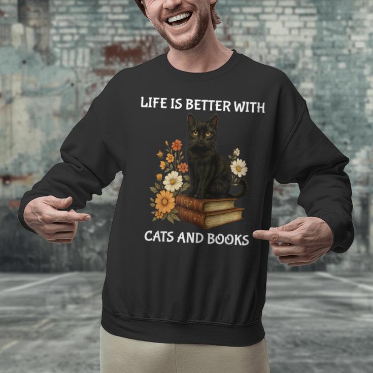 Life Is Better With Cats And Books Cute Cat Lover For Men Women Kids Unisex Sweatshirt