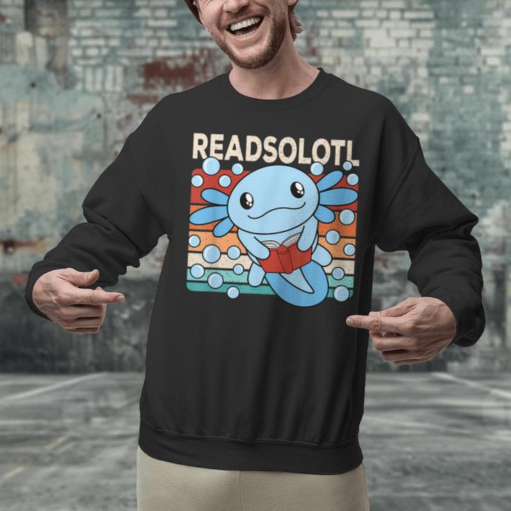 Readsolotl Blue Kawaii Axolotl Book Lover Reading Retro Unisex Sweatshirt