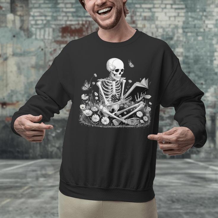 Skeleton Reading Book Floral Dark For Book Lovers Unisex Sweatshirt