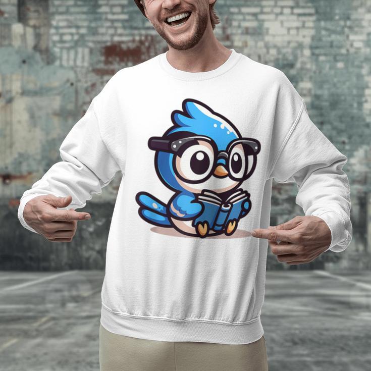 Adorable Book Lover Blue Jay With Reading Glasses Cute Raglan Baseball Tee Unisex Sweatshirt