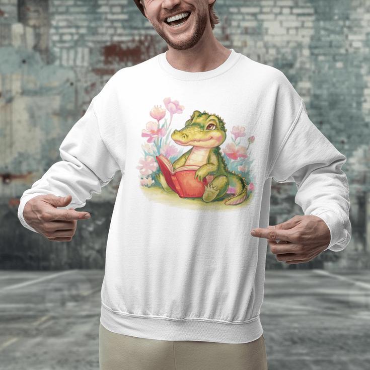 Crocodile Reading Book Watercolor Flowers Kids Unisex Sweatshirt