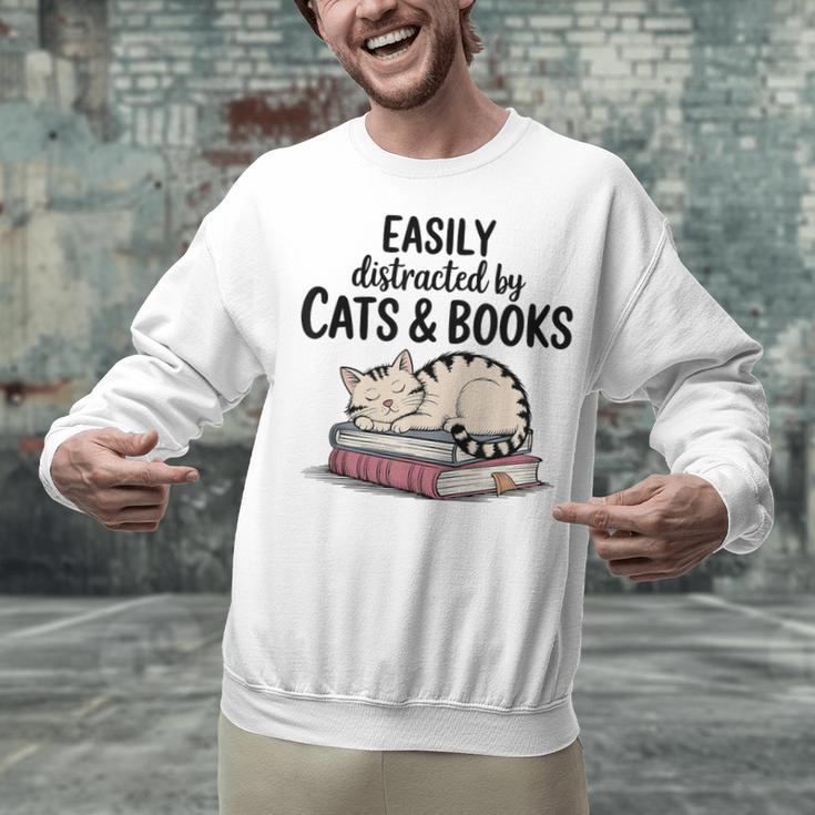 Easily Distracted By Cats And Books Cute Book Lover Unisex Sweatshirt