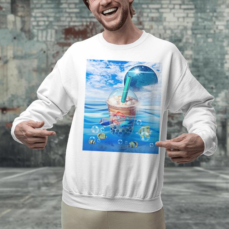 Frutiger Aero Aesthetic Tech Bubble Tea Boba Milktea Fishes Unisex Sweatshirt