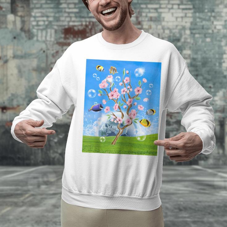 Frutiger Aero Aesthetic Tech Cherry Blossom Fishes Bubbles Raglan Baseball Tee Unisex Sweatshirt