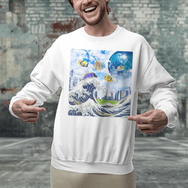 Frutiger Aero Aesthetic Tech Great Wave Of Kanagawa Fishes Raglan Baseball Tee Unisex Sweatshirt