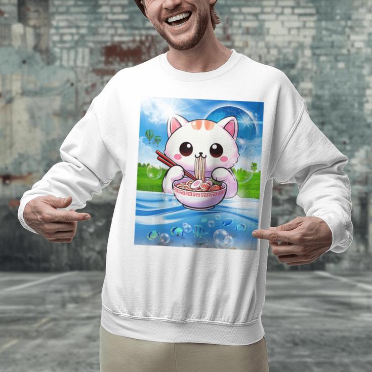 Frutiger Aero Aesthetic Tech Kawaii Ramen Cat Fishes Raglan Baseball Tee Unisex Sweatshirt