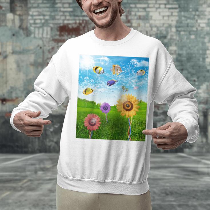 Frutiger Aero Aesthetic Tech Scenery Fishes Sunflower Raglan Baseball Tee Unisex Sweatshirt