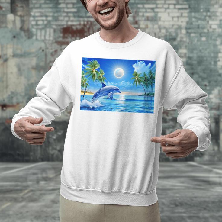 Frutiger Aero Dolphin Sunset Ocean With Palm Trees Y2k Premium Unisex Sweatshirt