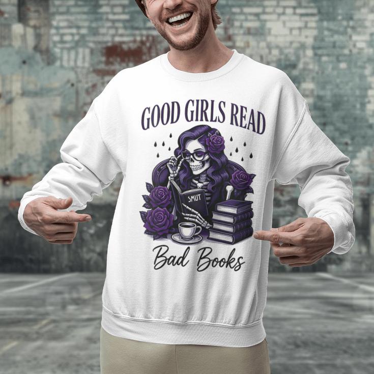 Good Girls Read Bad Books Sarcastic Skeleton Goth Skull Unisex Sweatshirt