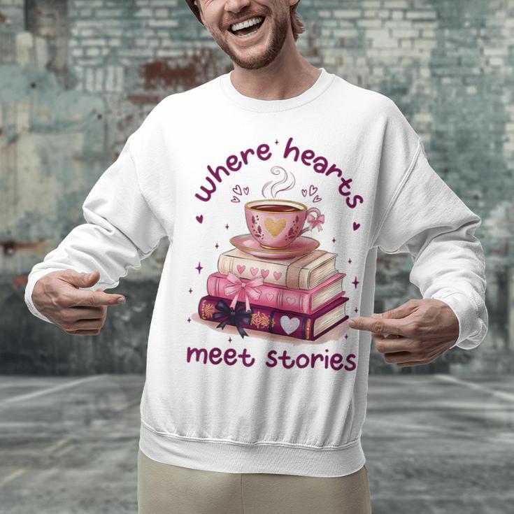 Where Hearts Groovy Meet Stories Coffee Books Valentines Day Unisex Sweatshirt