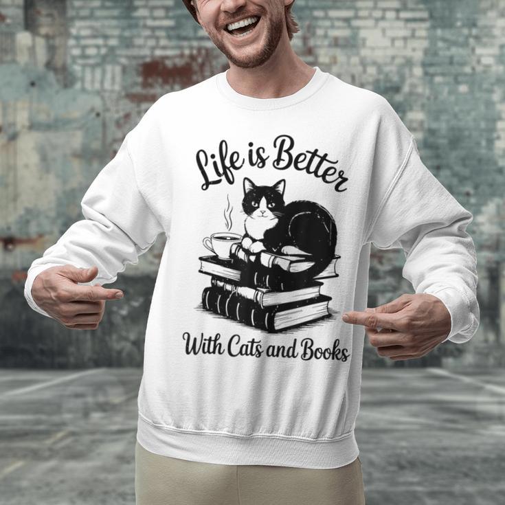 Life Is Better With Cats & Books Tuxedo Cat Mom Women Unisex Sweatshirt