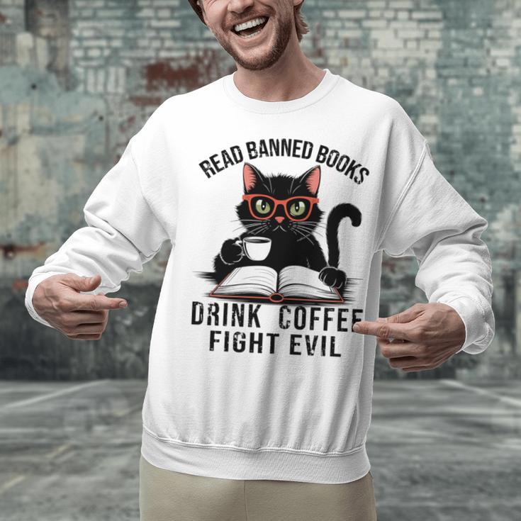 Read Banned Books Drink Coffee Fight Evil Retro Cat Unisex Sweatshirt
