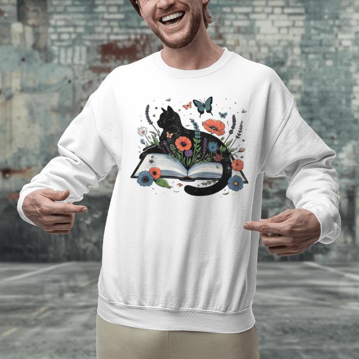 Retro Cute Cat Floral Book Librarian Vintage Floral Cat Book Unisex Sweatshirt