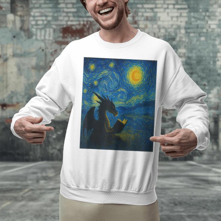 Van Gogh Starry Night Fantasy Reader Dragon Reading Book Unisex Sweatshirt